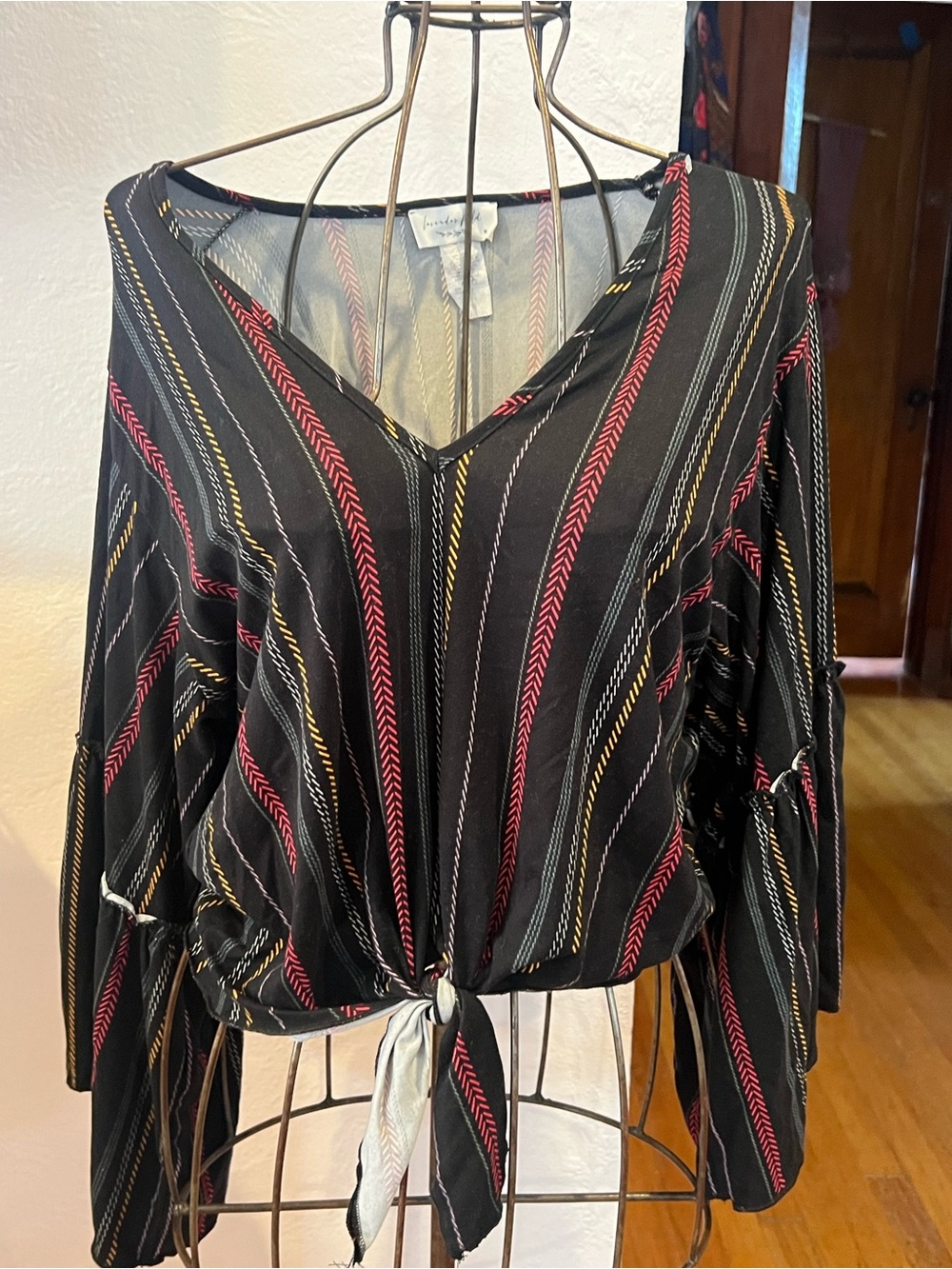 lavender field Black V-Neck Tie-Front Blouse with Red & Gold Stripes